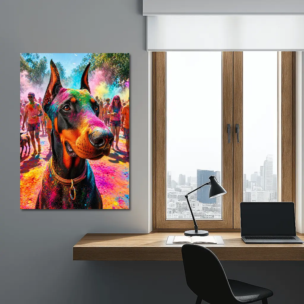 Doberman Dog at Colorful Holi Festival – Wall Art
