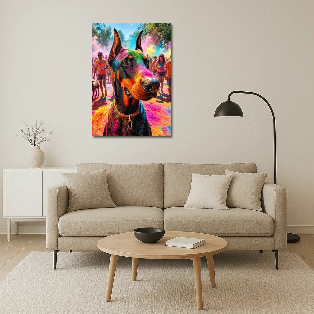 Doberman Dog at Colorful Holi Festival – Wall Art
