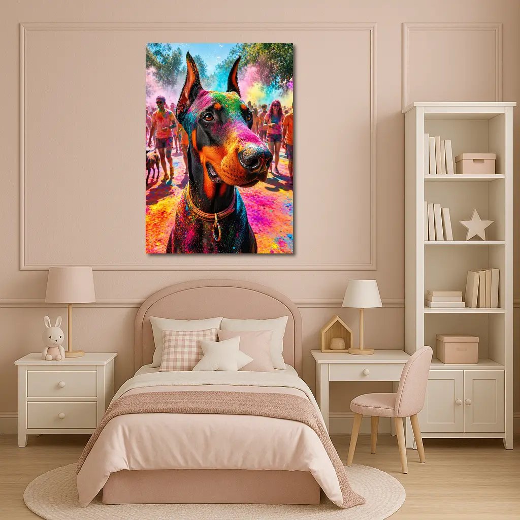 Doberman Dog at Colorful Holi Festival – Wall Art
