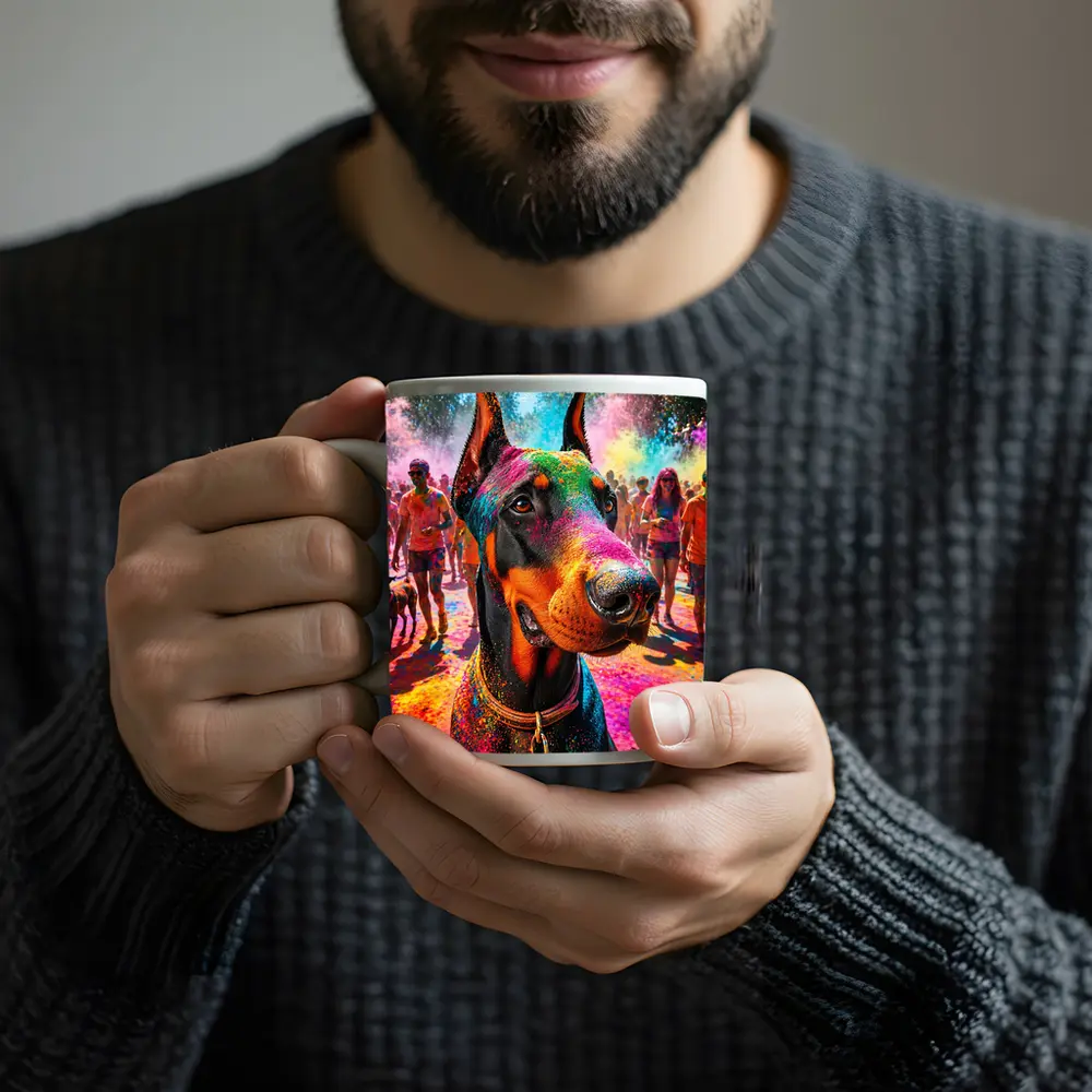 Doberman Dog at Colorful Holi Festival – Mugs