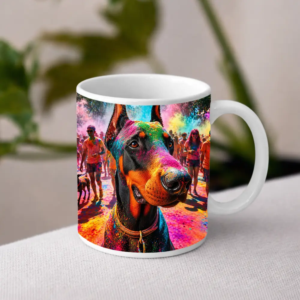 Doberman Dog at Colorful Holi Festival – Mugs