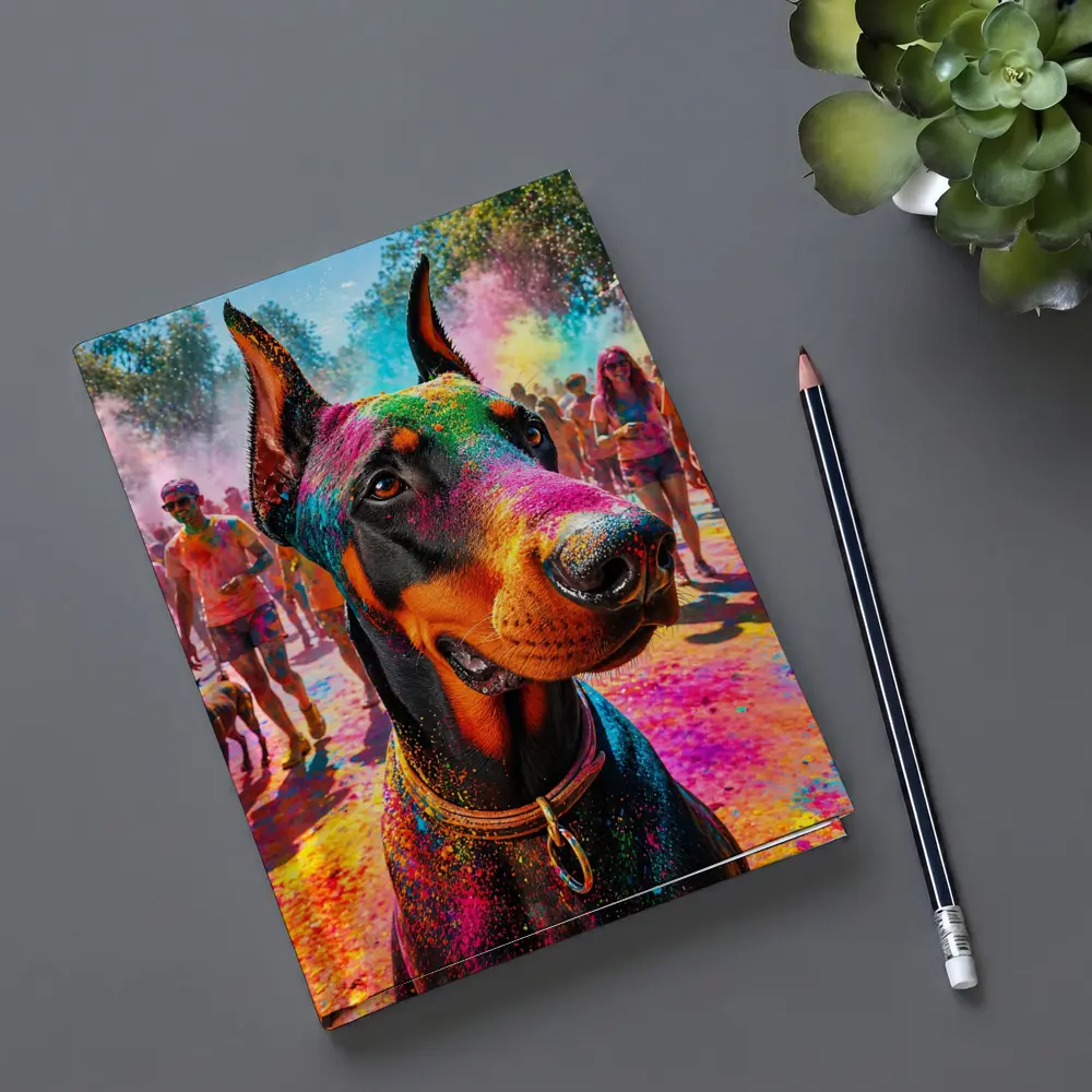 Doberman Dog at Colorful Holi Festival – Notebooks