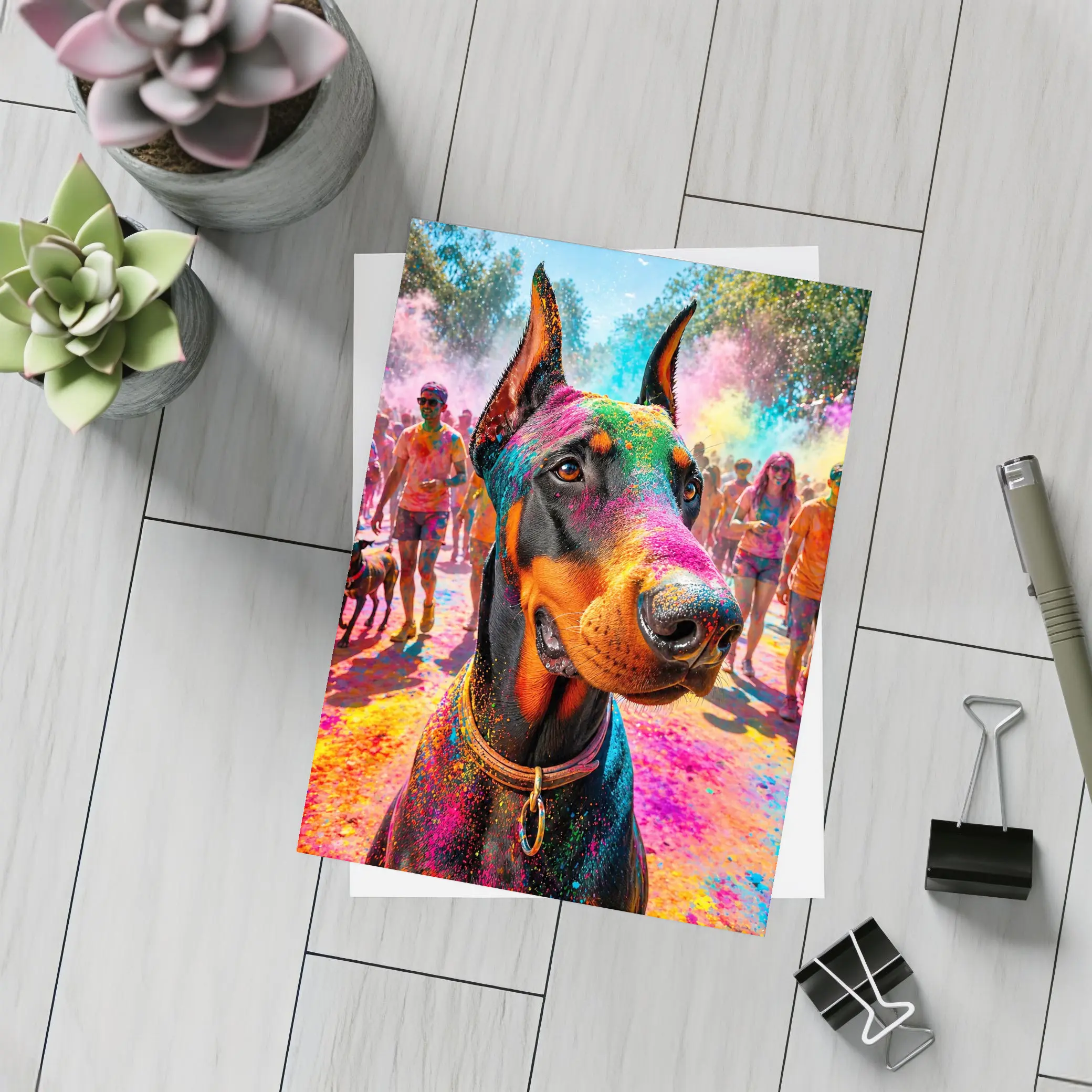 Doberman Dog at Colorful Holi Festival – Postcards