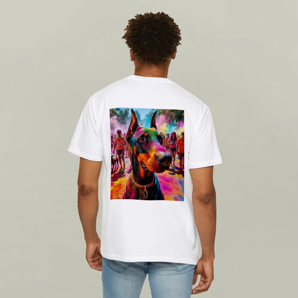 Doberman Dog at Colorful Holi Festival – T-Shirts