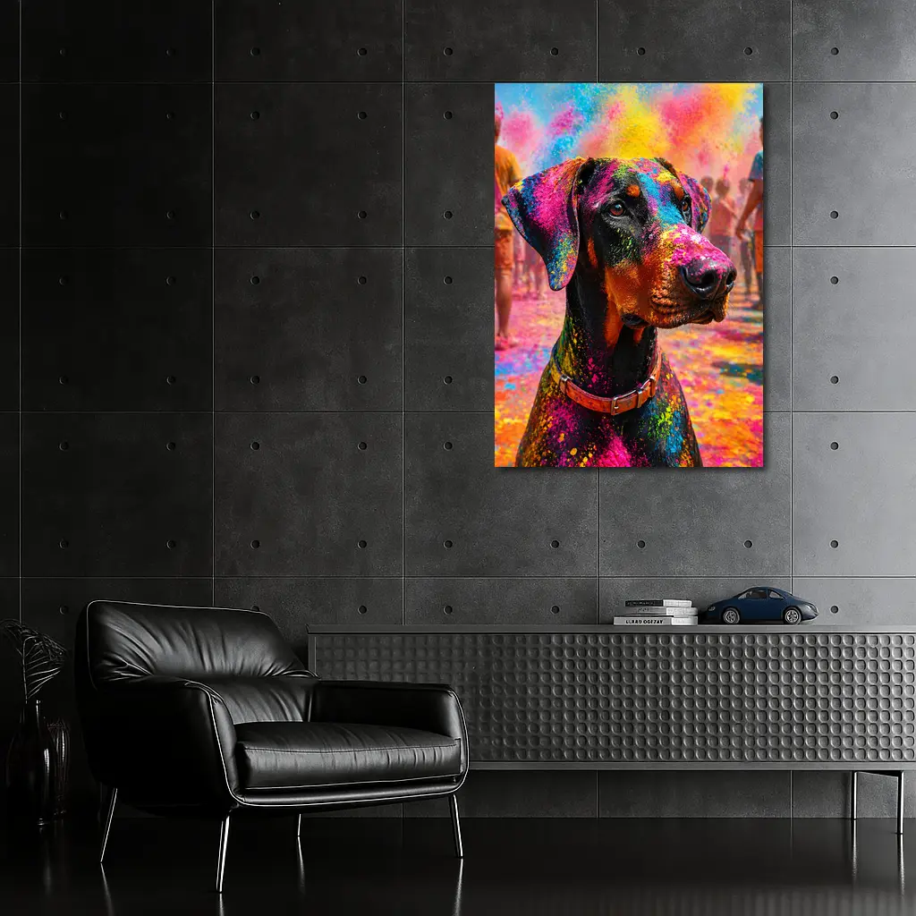Doberman Covered in Holi Festival Colors – Wall Art