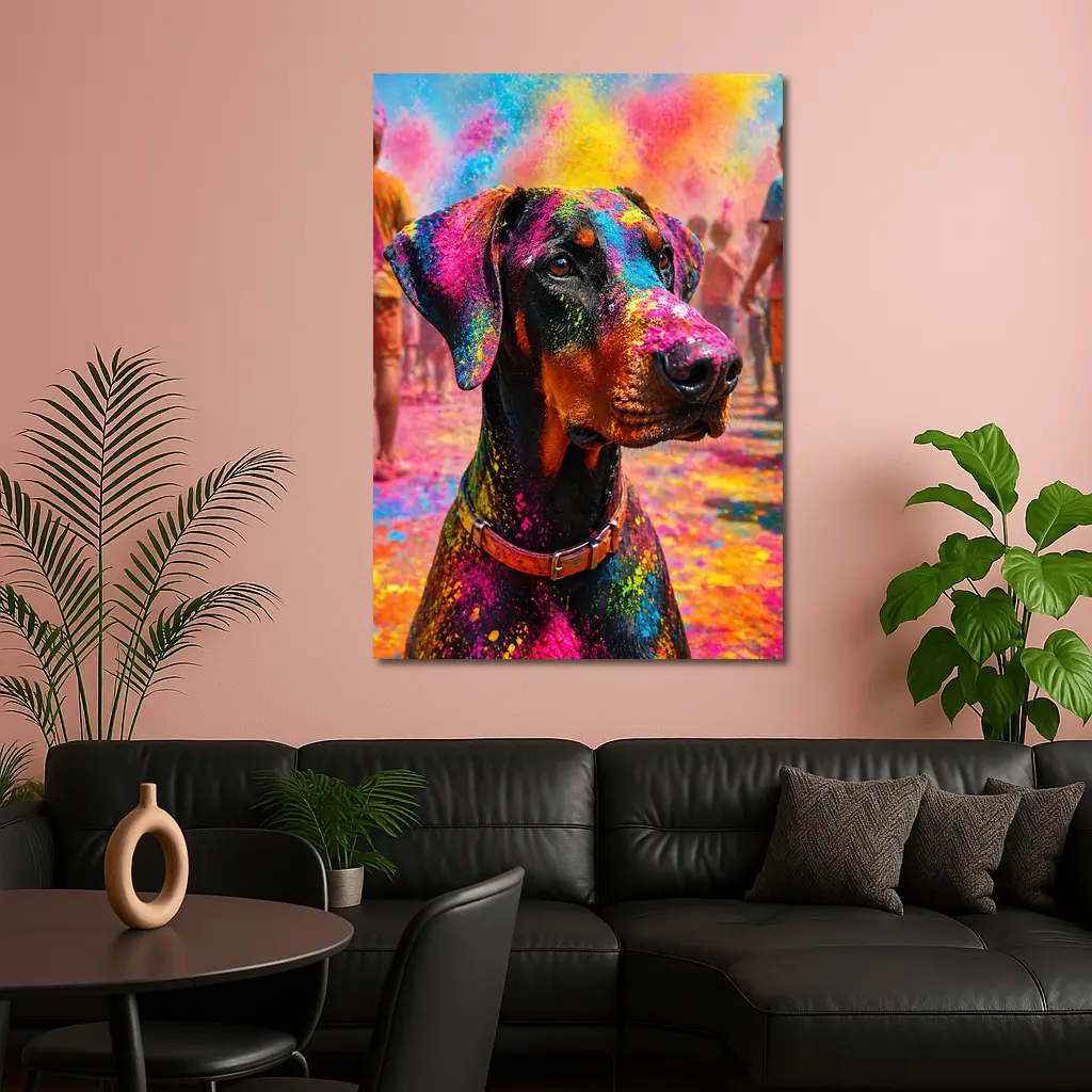 Doberman Covered in Holi Festival Colors – Wall Art