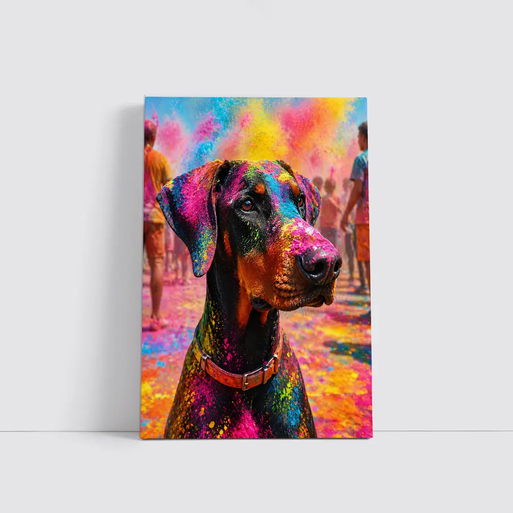 Doberman Covered in Holi Festival Colors – Wall Art