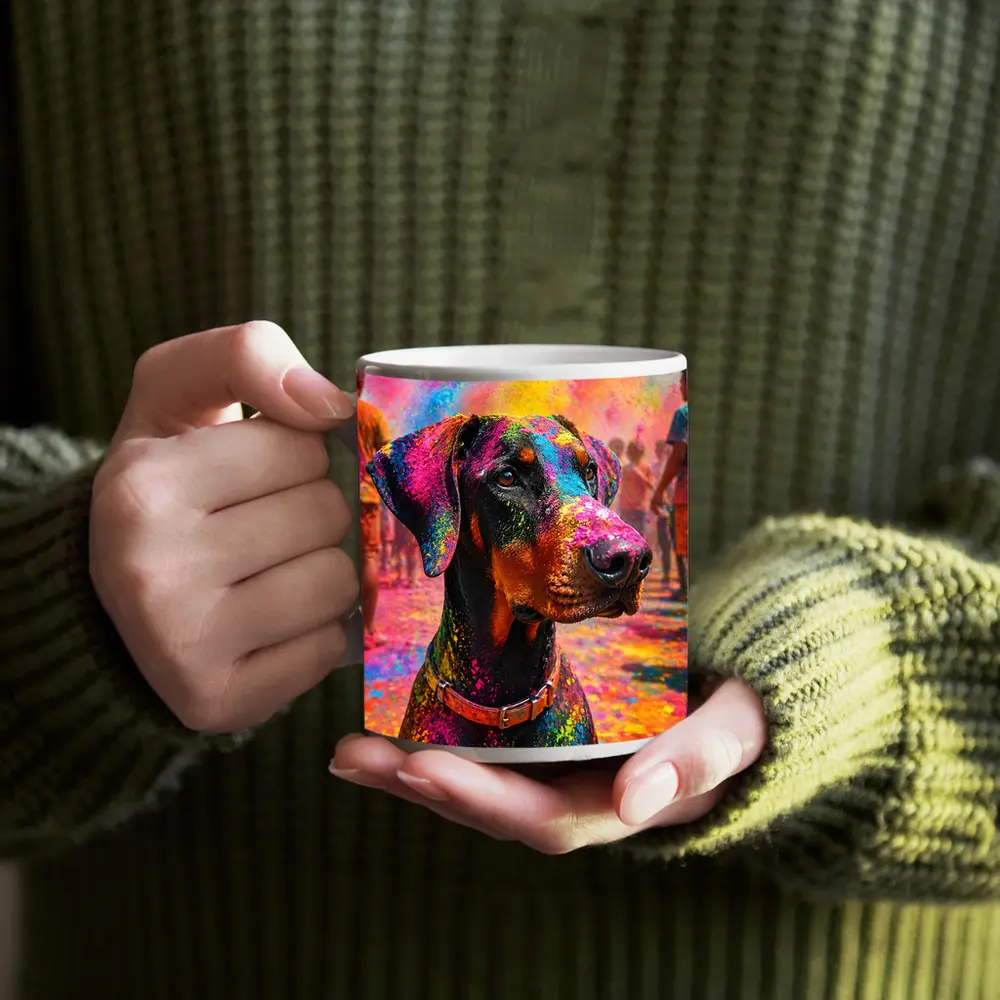 Doberman Covered in Holi Festival Colors – Mugs