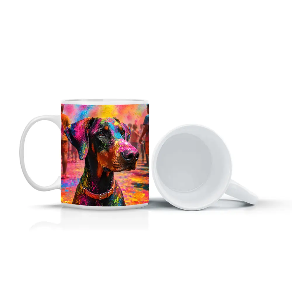 Doberman Covered in Holi Festival Colors – Mugs