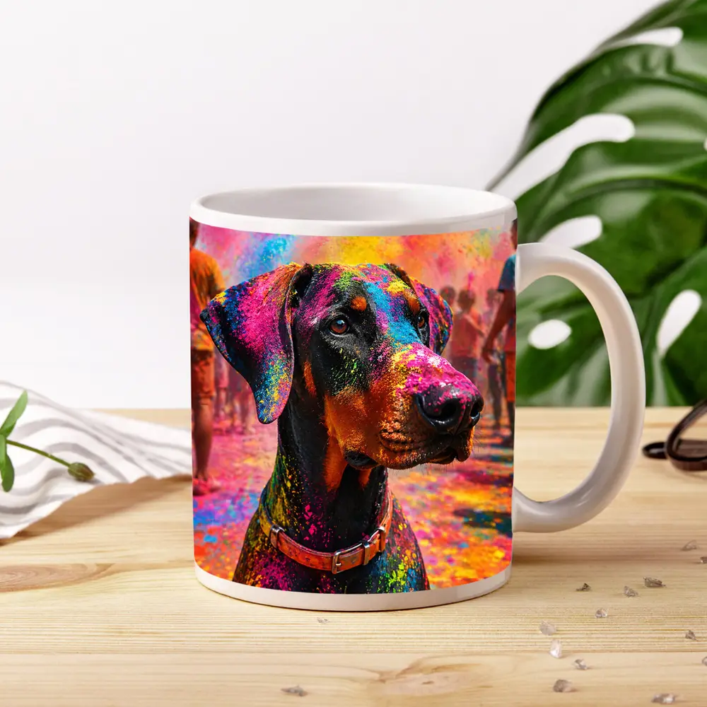 Doberman Covered in Holi Festival Colors – Mugs