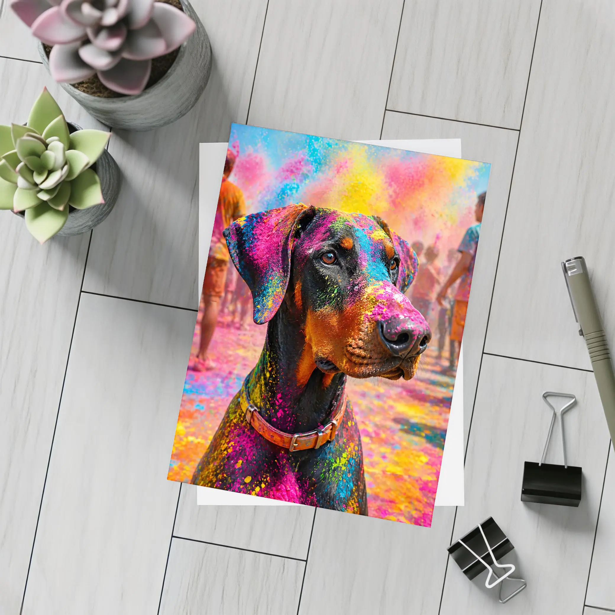 Doberman Covered in Holi Festival Colors – Postcards