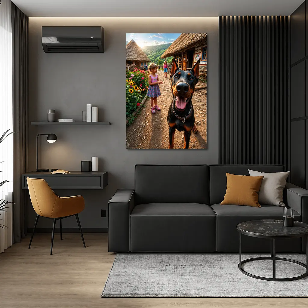 Doberman Dog Happy In Rural Village – Wall Art