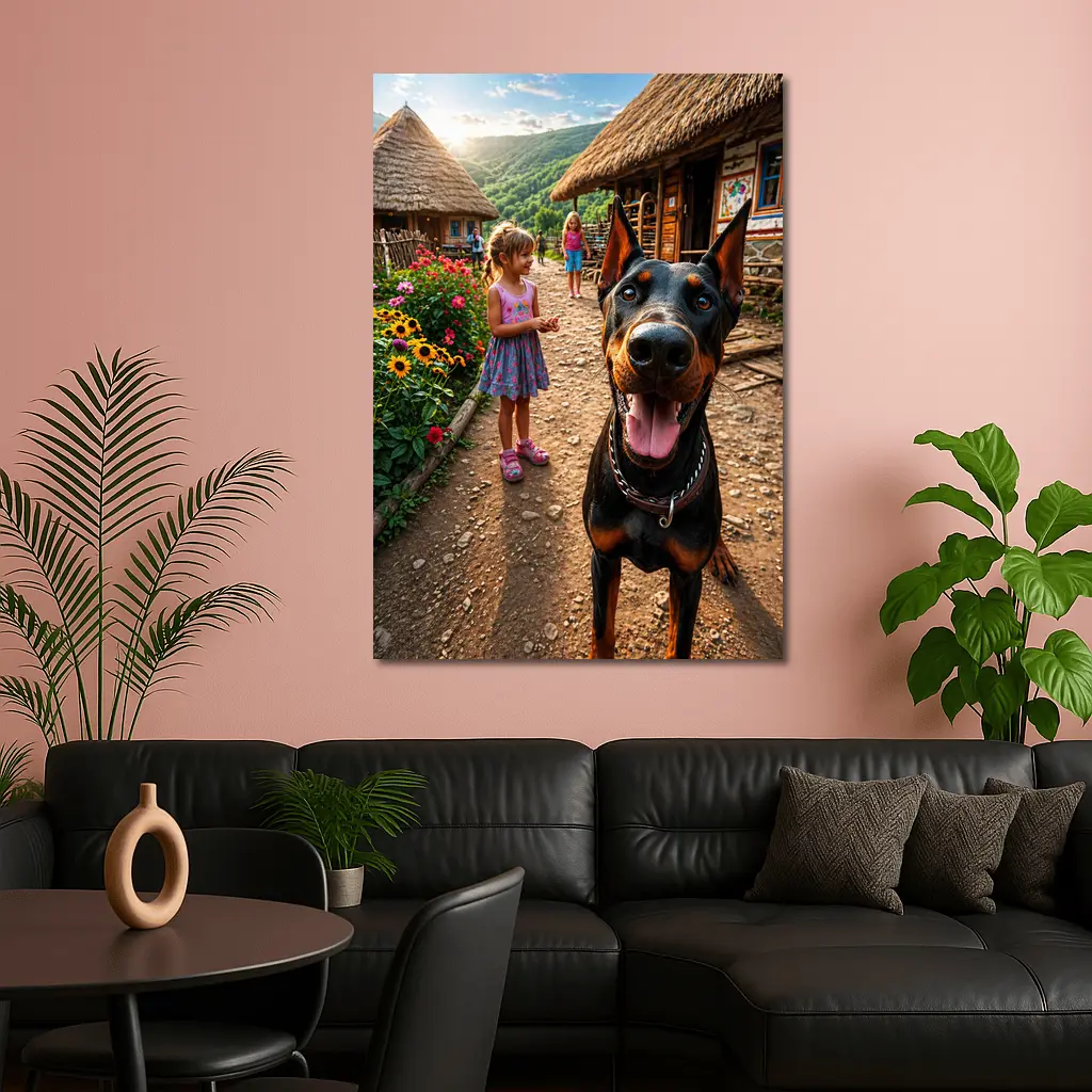 Doberman Dog Happy In Rural Village – Wall Art