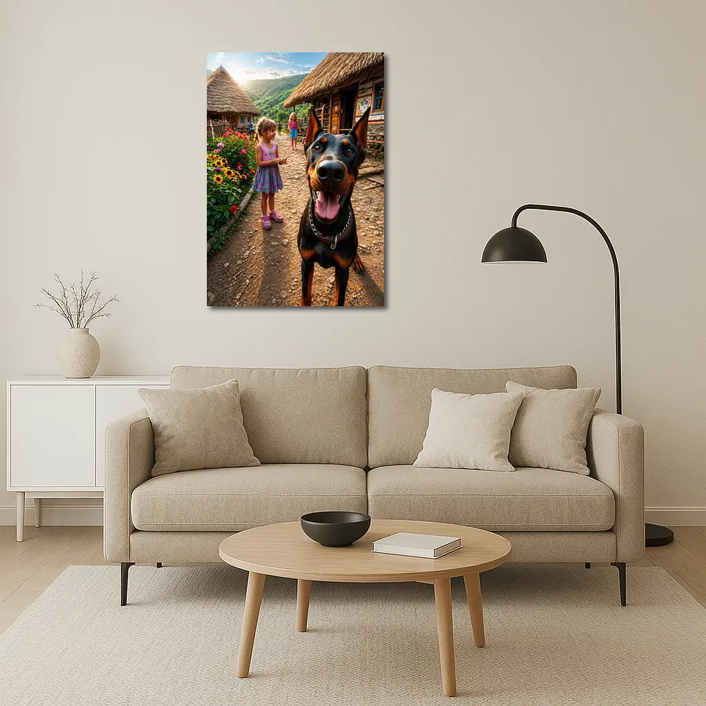 Doberman Dog Happy In Rural Village – Wall Art