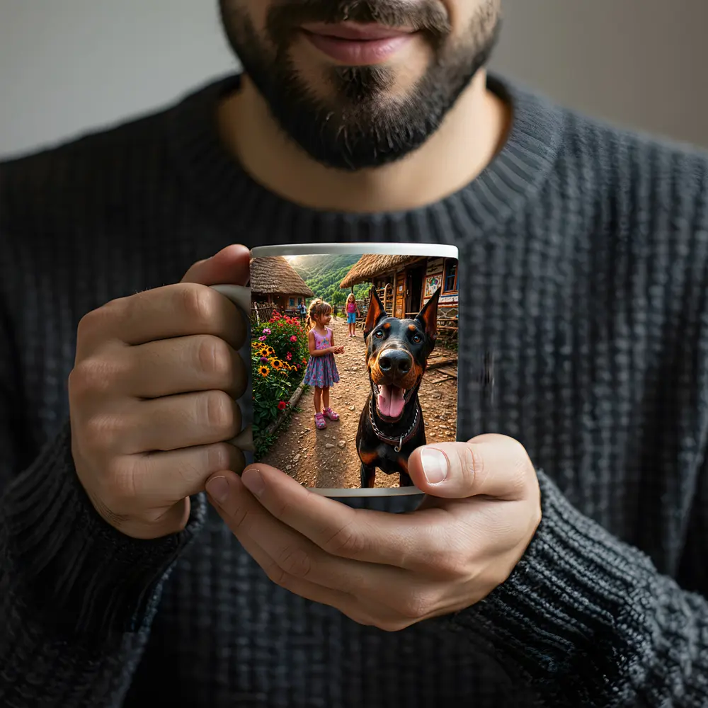 Doberman Dog Happy In Rural Village – Mugs
