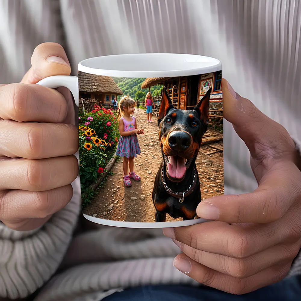 Doberman Dog Happy In Rural Village – Mugs