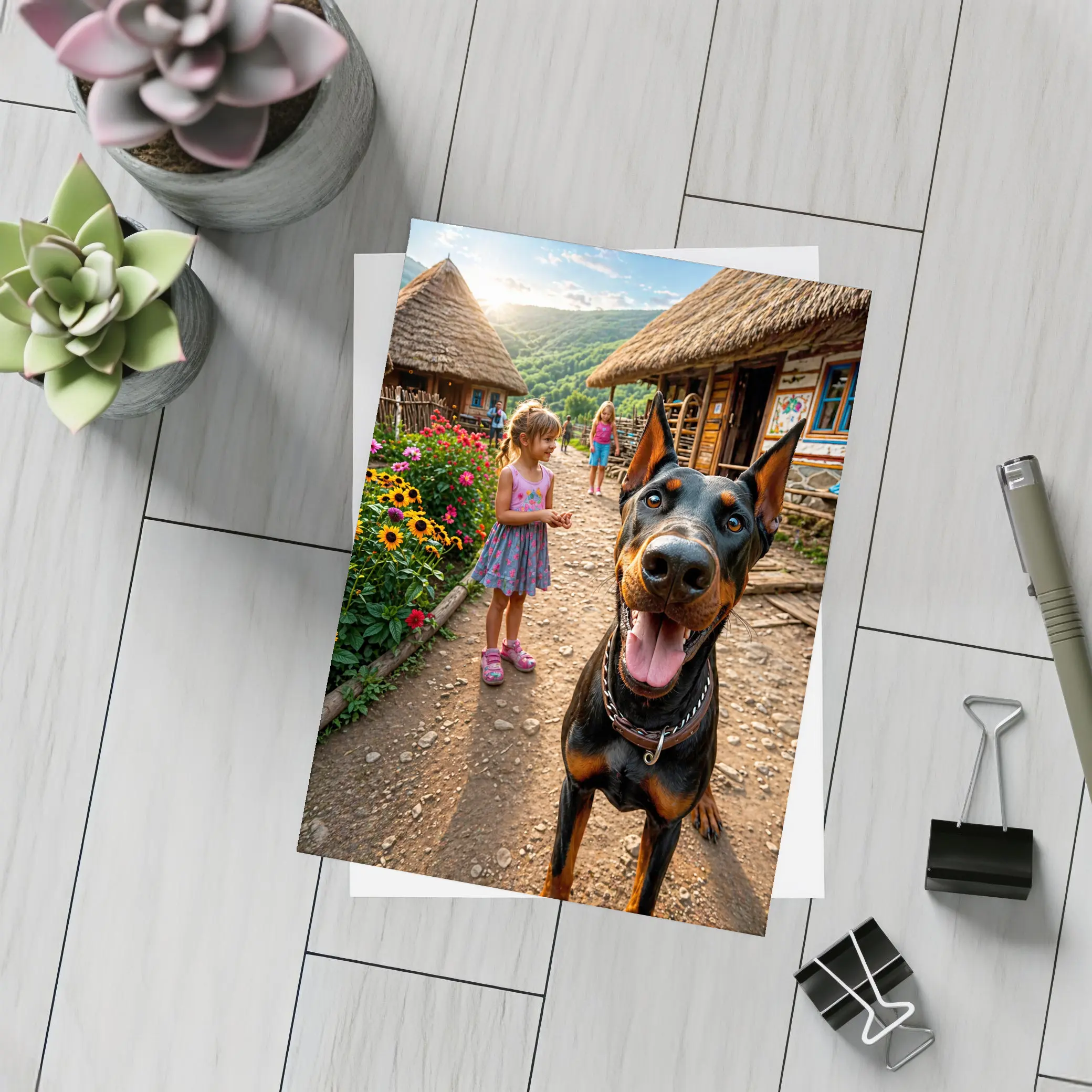 Doberman Dog Happy In Rural Village – Postcards