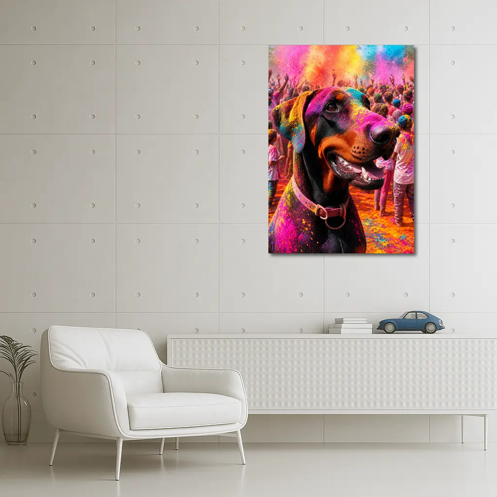 Doberman Pinscher At Colorful Holi Festival – Wall Art
