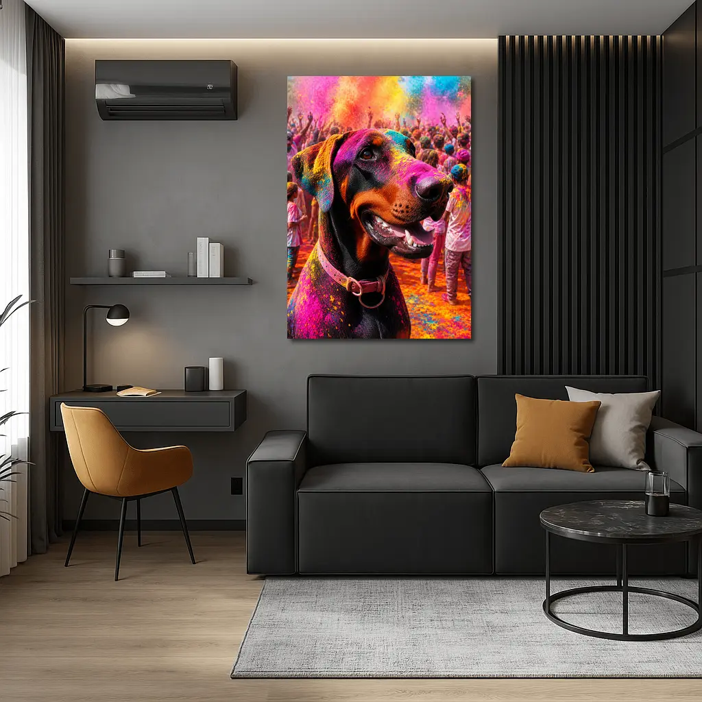 Doberman Pinscher At Colorful Holi Festival – Wall Art