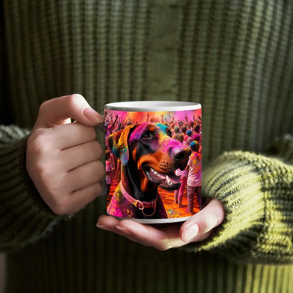 Doberman Pinscher At Colorful Holi Festival – Mugs