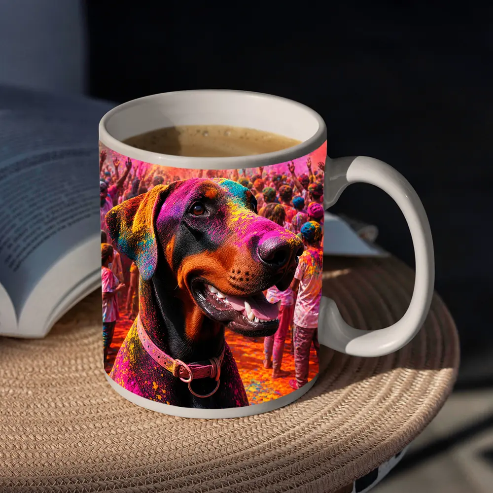 Doberman Pinscher At Colorful Holi Festival – Mugs