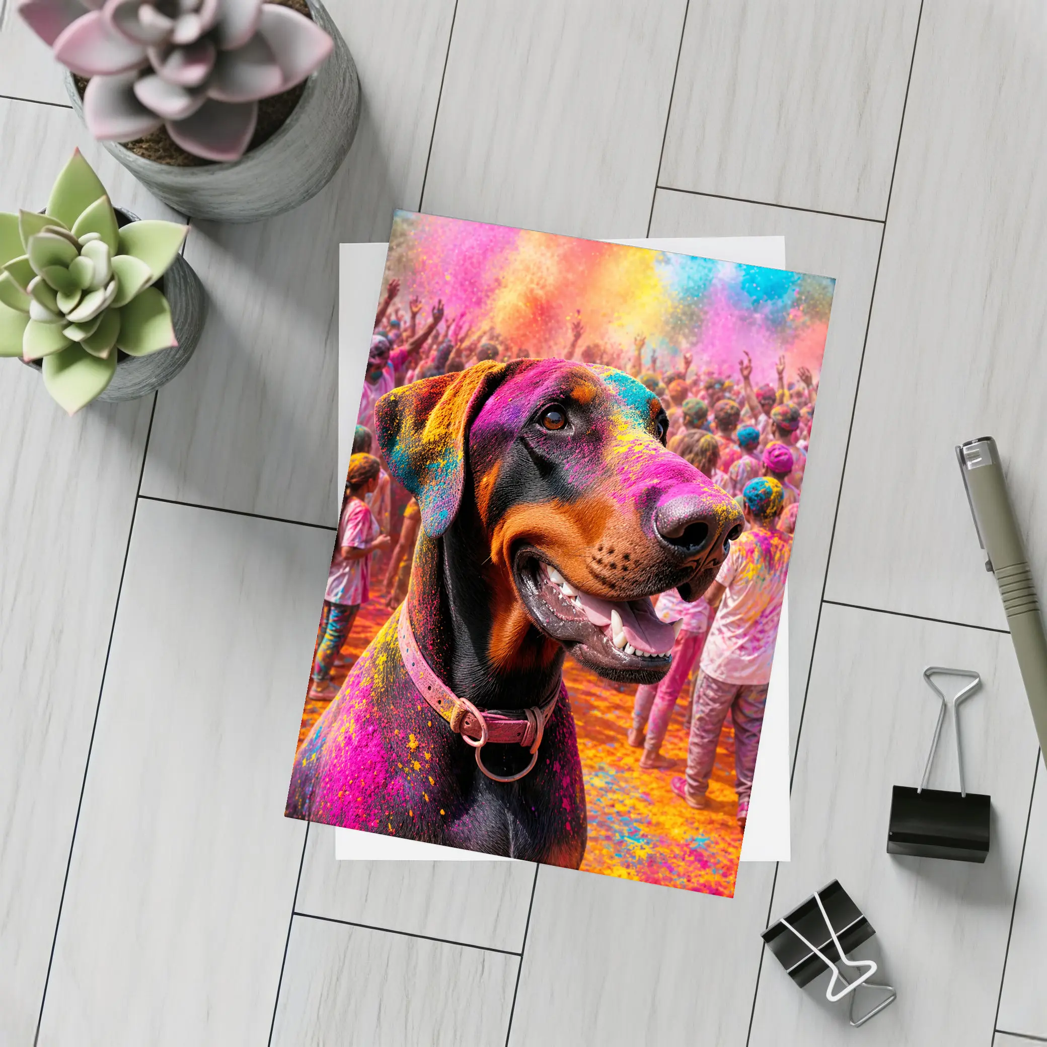 Doberman Pinscher At Colorful Holi Festival – Postcards