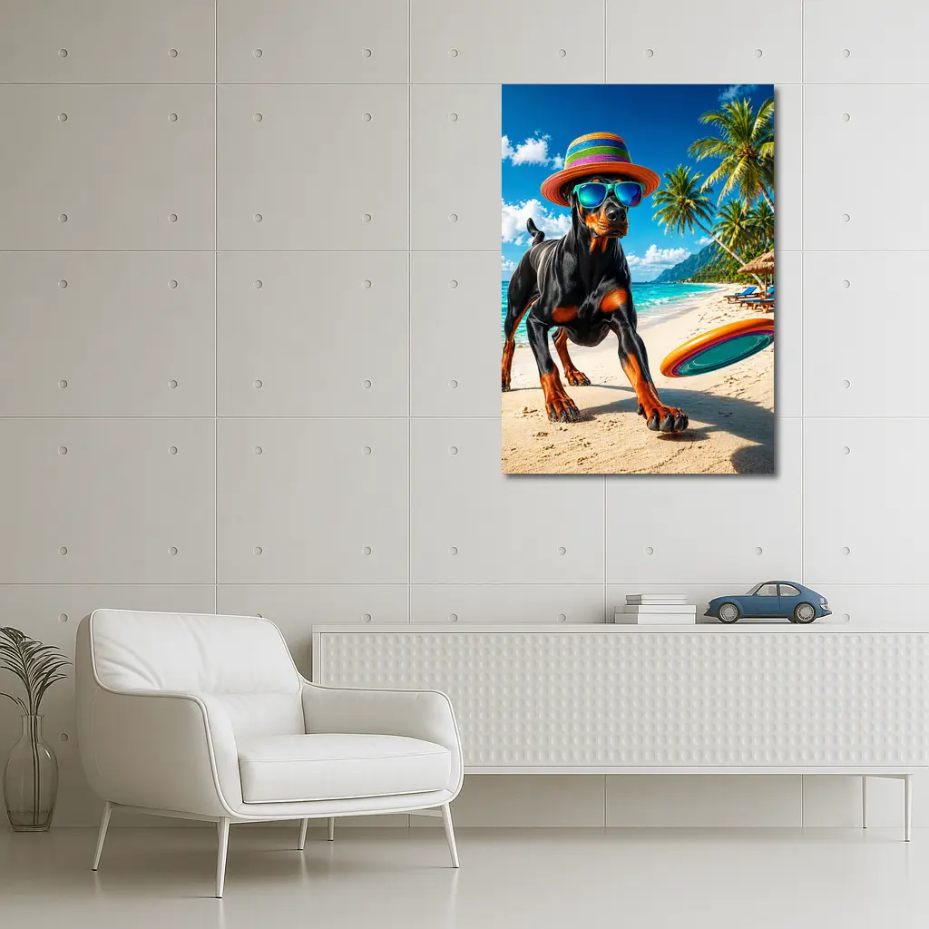 Doberman Pinscher Playing Frisbee Tropical Beach – Wall Art