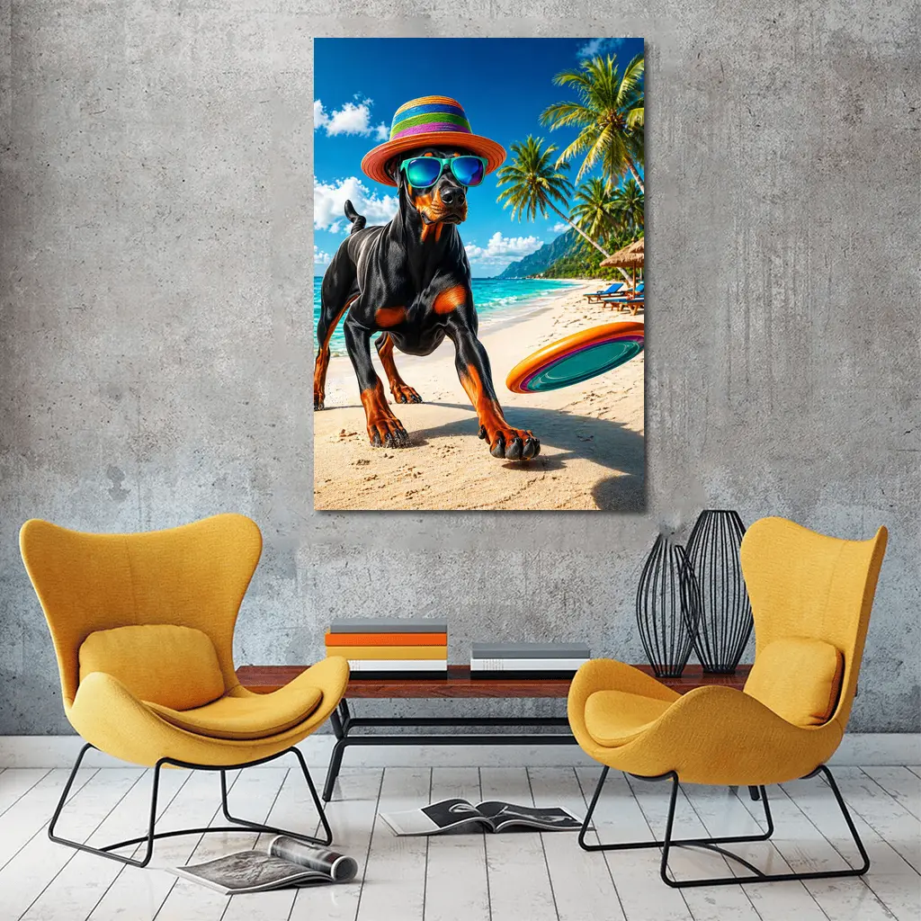 Doberman Pinscher Playing Frisbee Tropical Beach – Wall Art