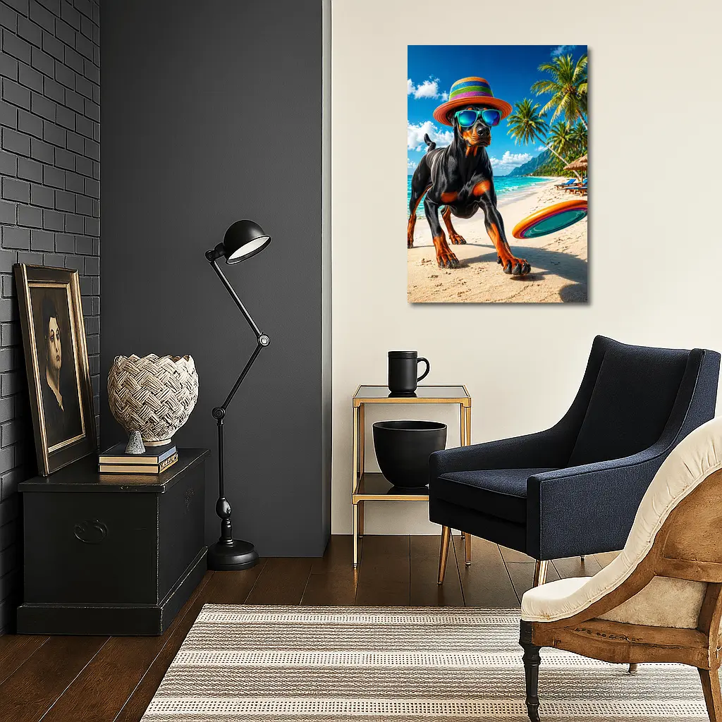Doberman Pinscher Playing Frisbee Tropical Beach – Wall Art