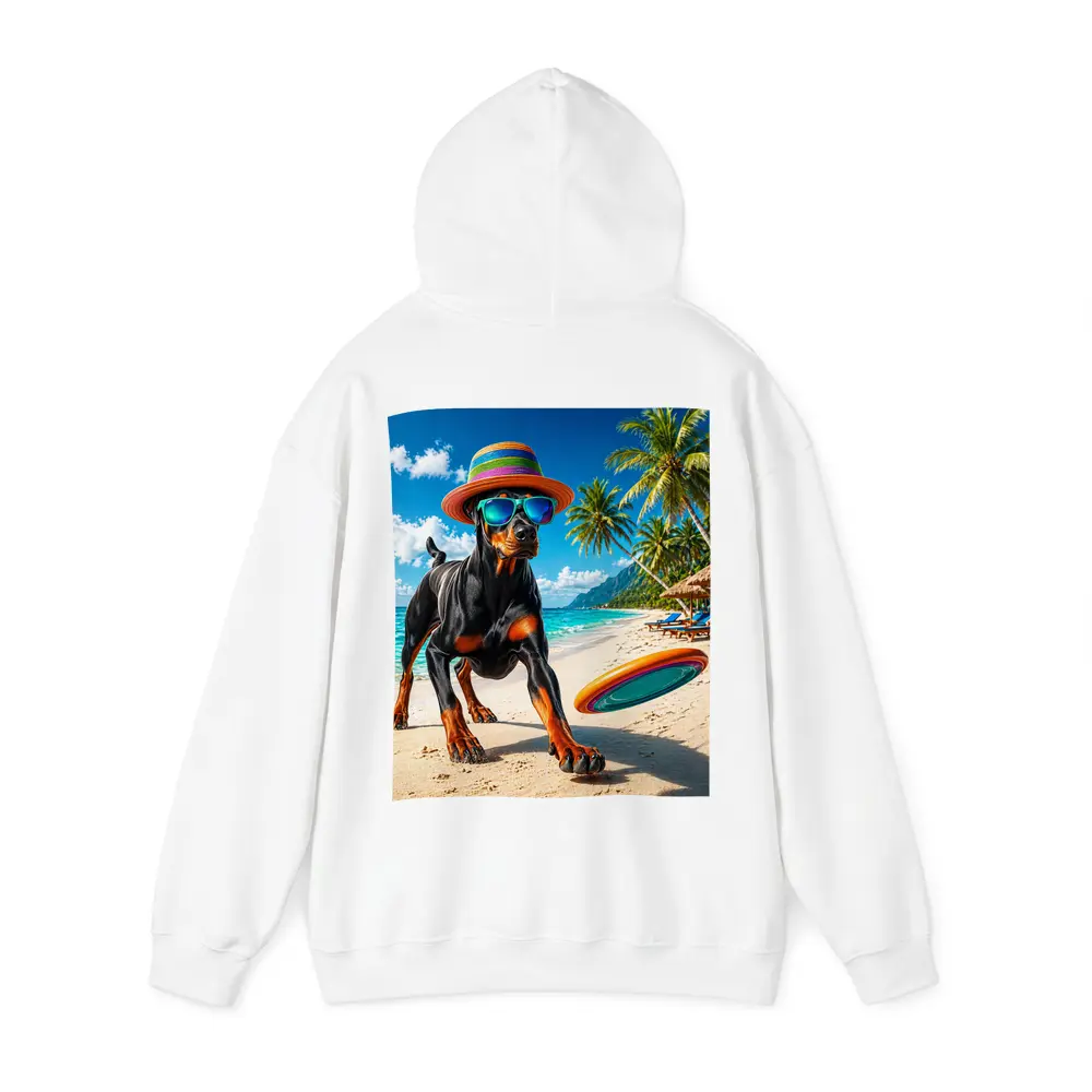 Doberman Pinscher Playing Frisbee Tropical Beach – Hoodies
