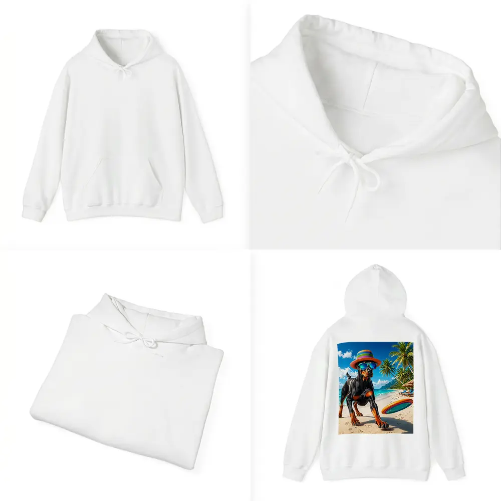 Doberman Pinscher Playing Frisbee Tropical Beach – Hoodies