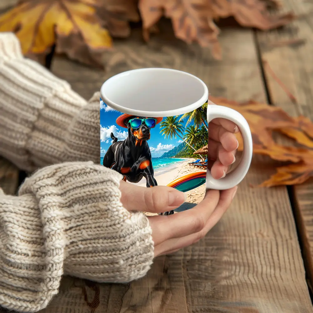 Doberman Pinscher Playing Frisbee Tropical Beach – Mugs