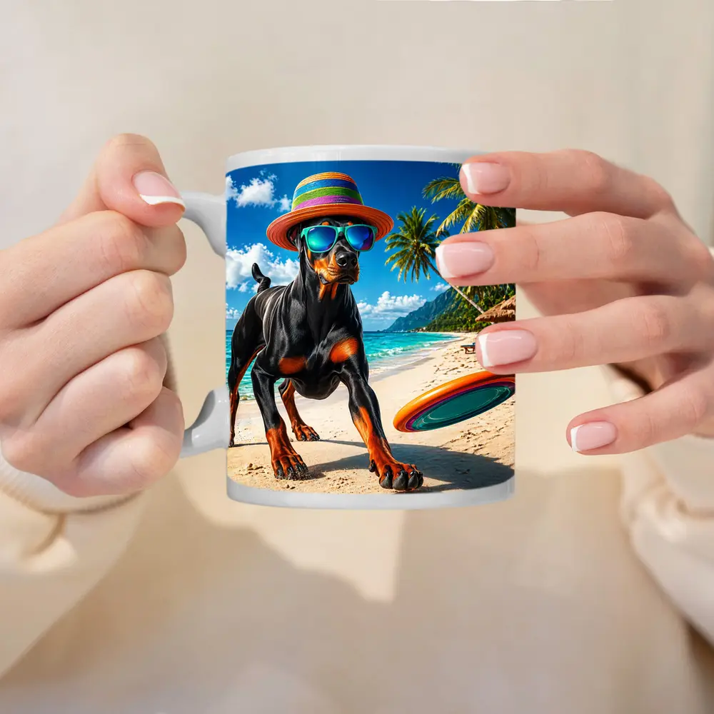 Doberman Pinscher Playing Frisbee Tropical Beach – Mugs