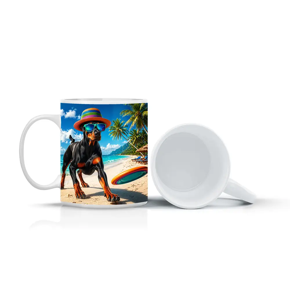 Doberman Pinscher Playing Frisbee Tropical Beach – Mugs