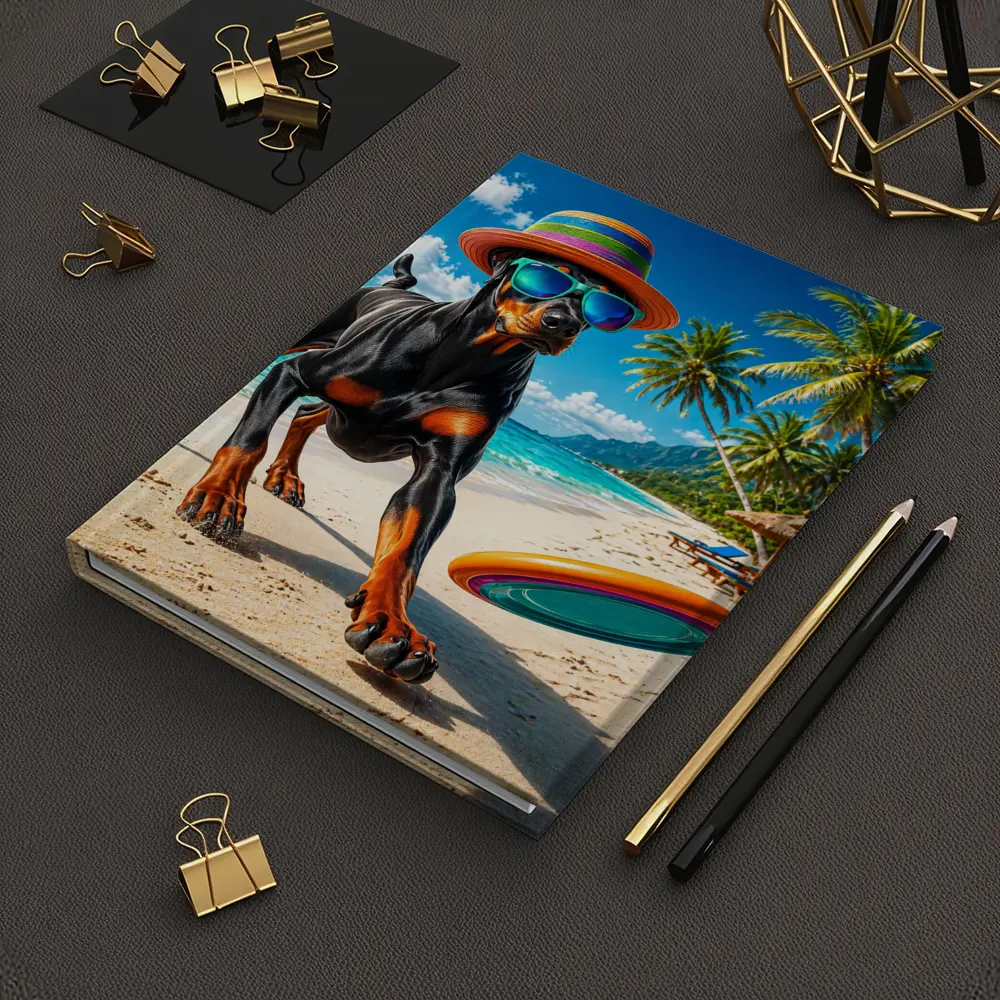 Doberman Pinscher Playing Frisbee Tropical Beach – Notebooks