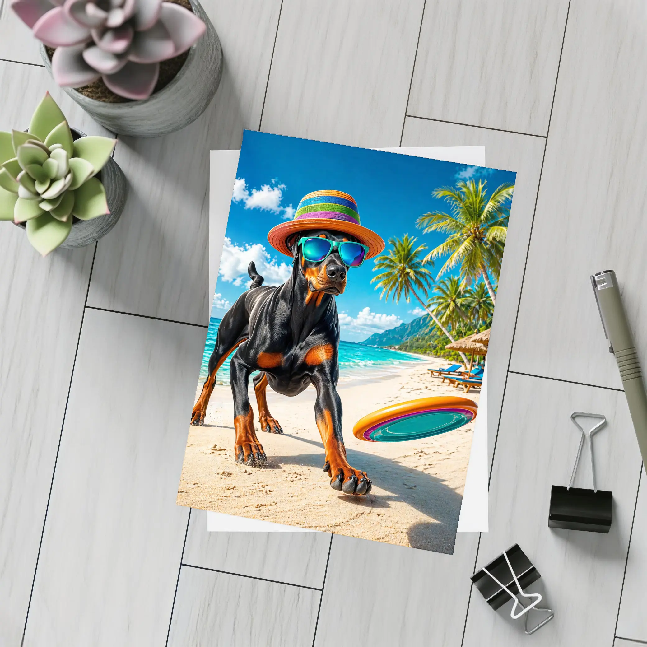 Doberman Pinscher Playing Frisbee Tropical Beach – Postcards