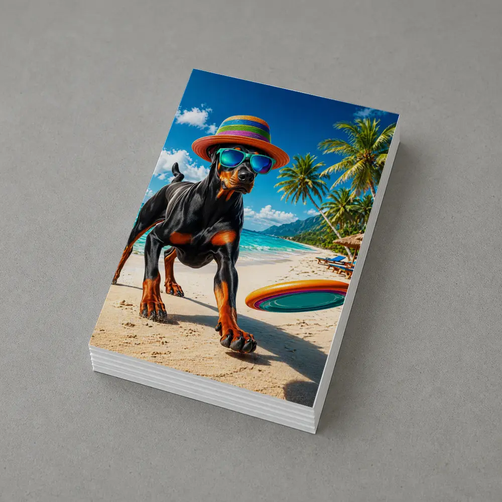 Doberman Pinscher Playing Frisbee Tropical Beach – Postcards