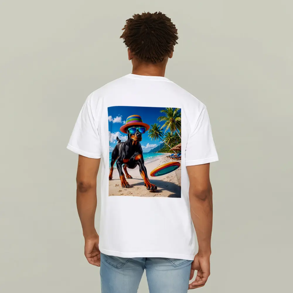 Doberman Pinscher Playing Frisbee Tropical Beach – T-Shirts