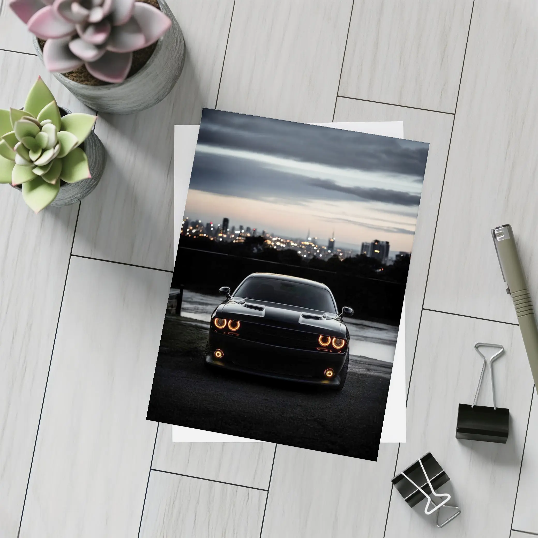Dodge Challenger Black Night City Skyline – Postcards