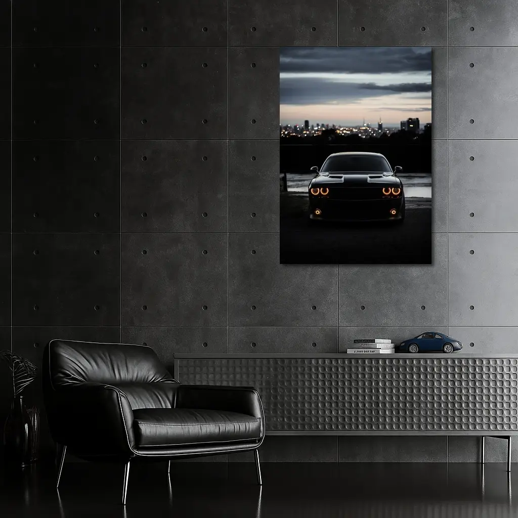 Dodge Challenger Black Night City Skyline – Wall Art