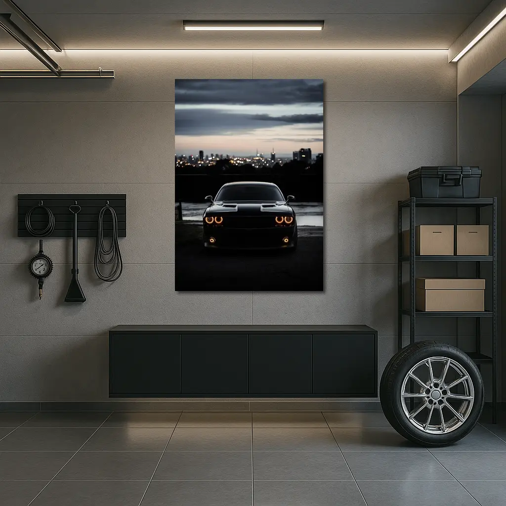 Dodge Challenger Black Night City Skyline – Wall Art