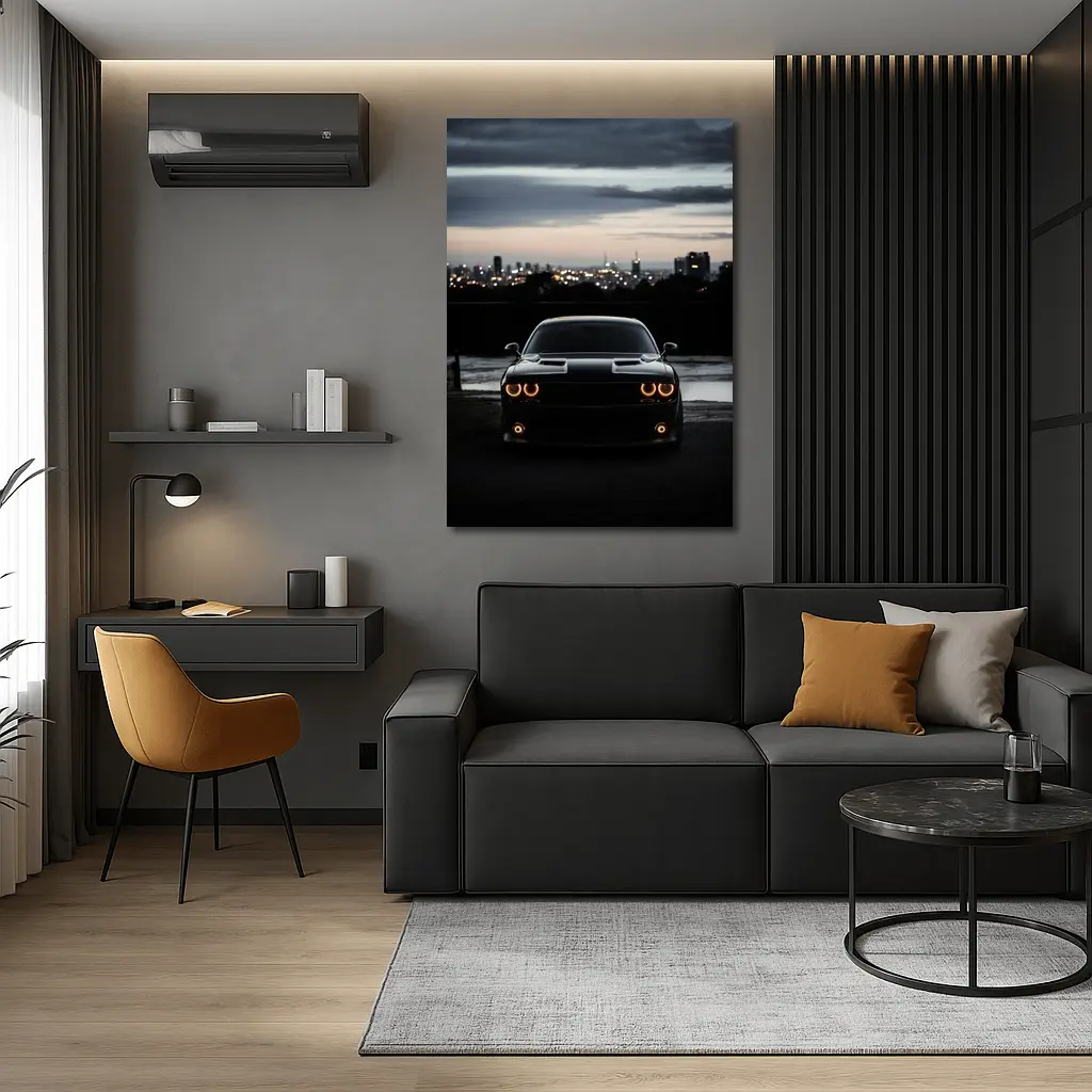 Dodge Challenger Black Night City Skyline – Wall Art