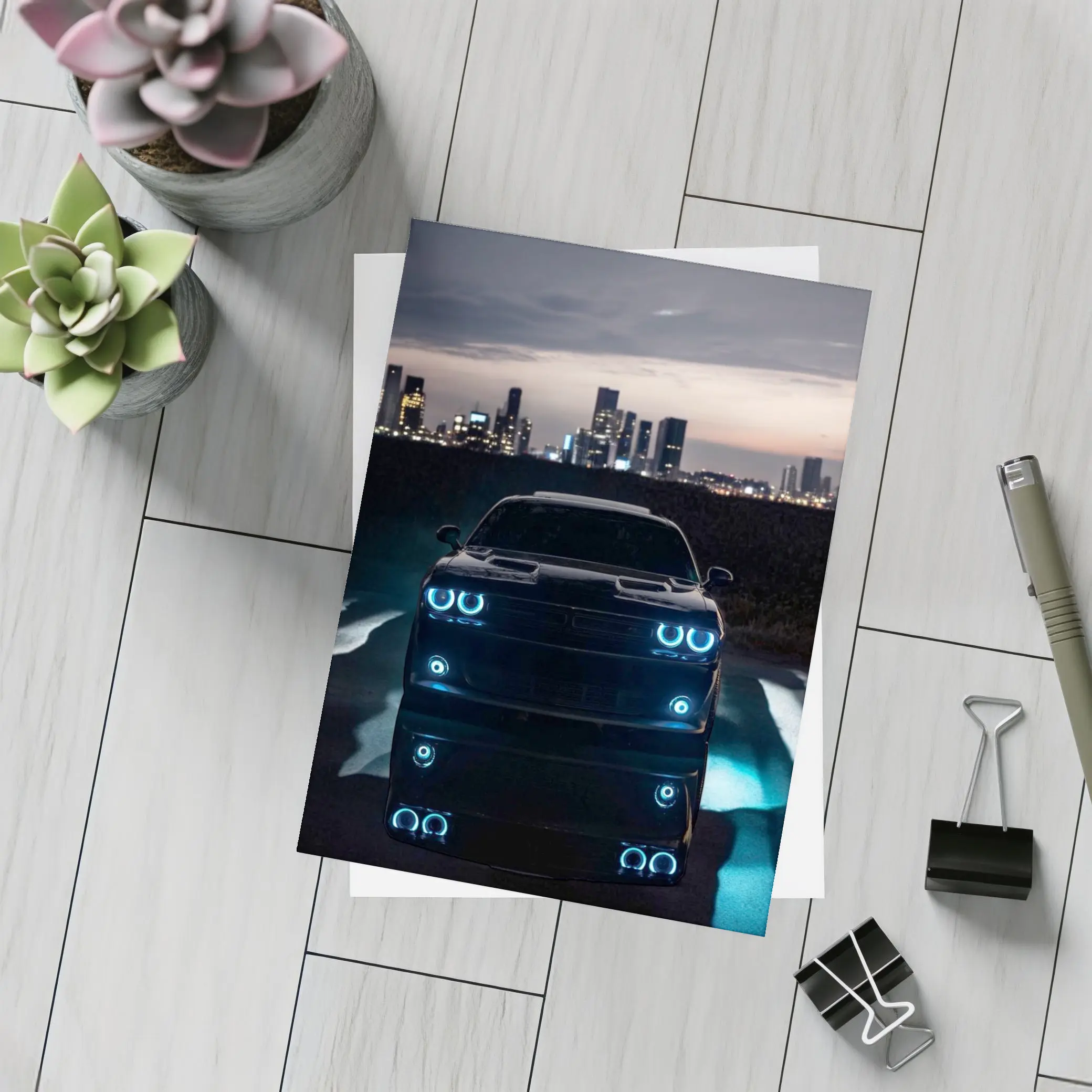 Dodge Challenger Glowing Lights Night City – Postcards