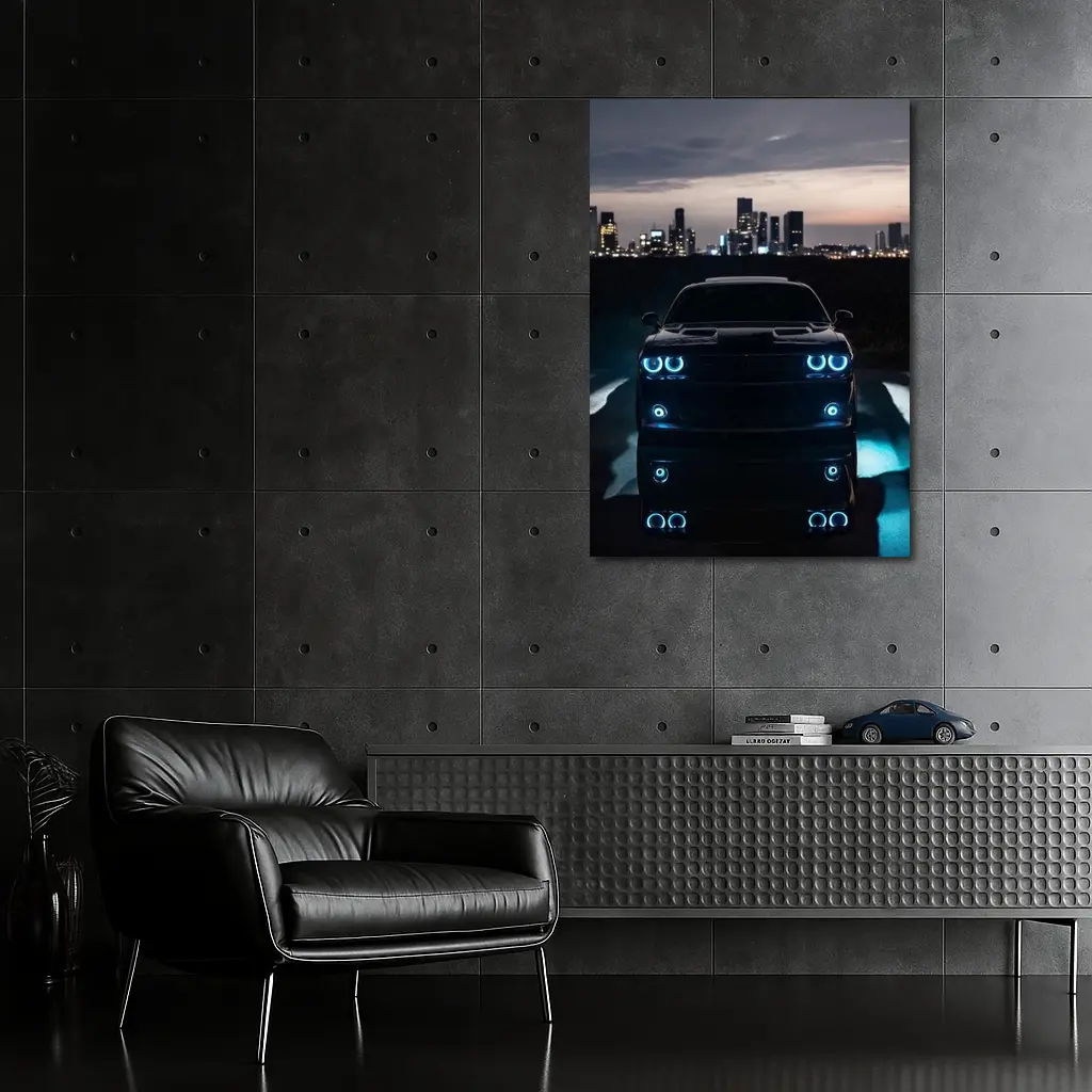 Dodge Challenger Glowing Lights Night City – Wall Art