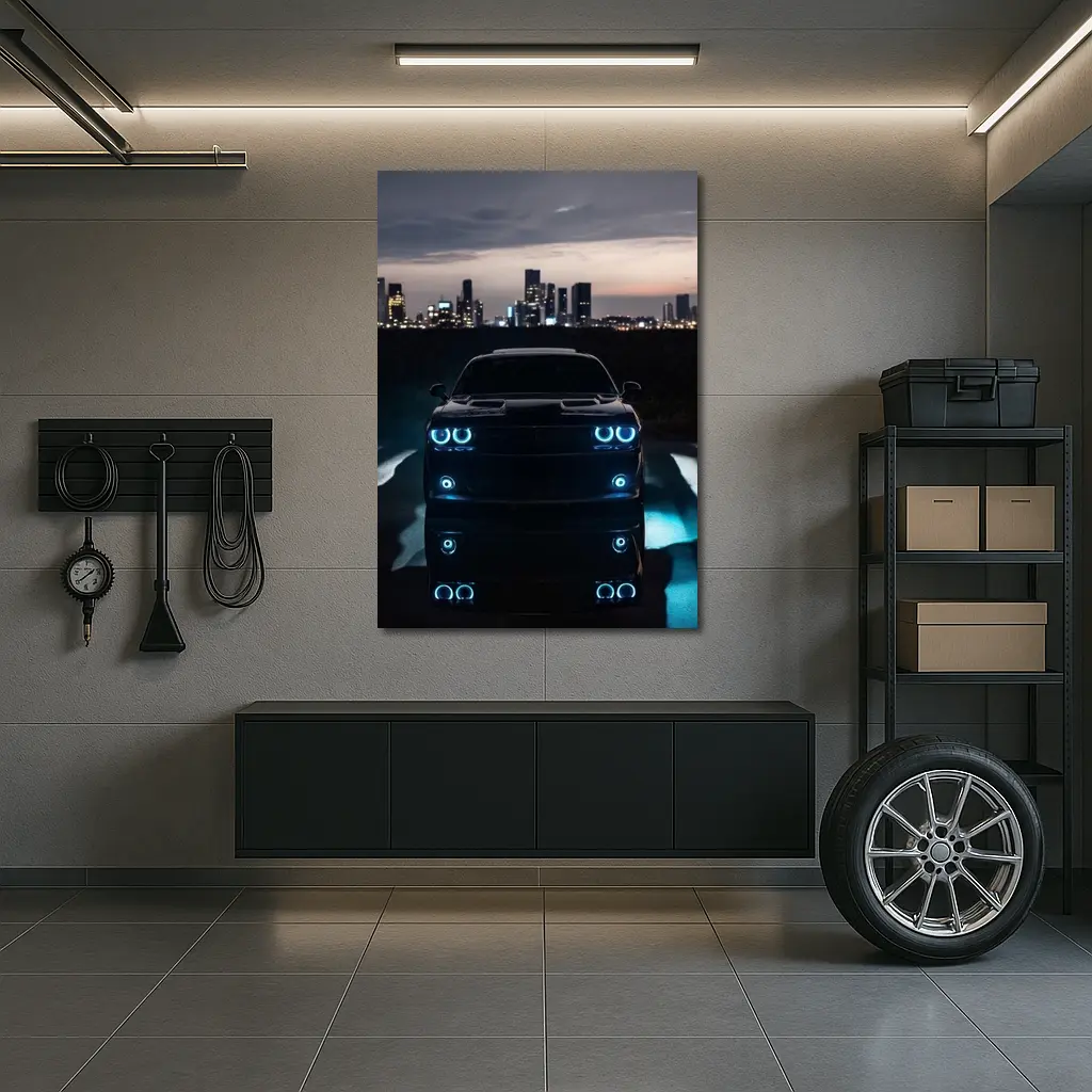 Dodge Challenger Glowing Lights Night City – Wall Art