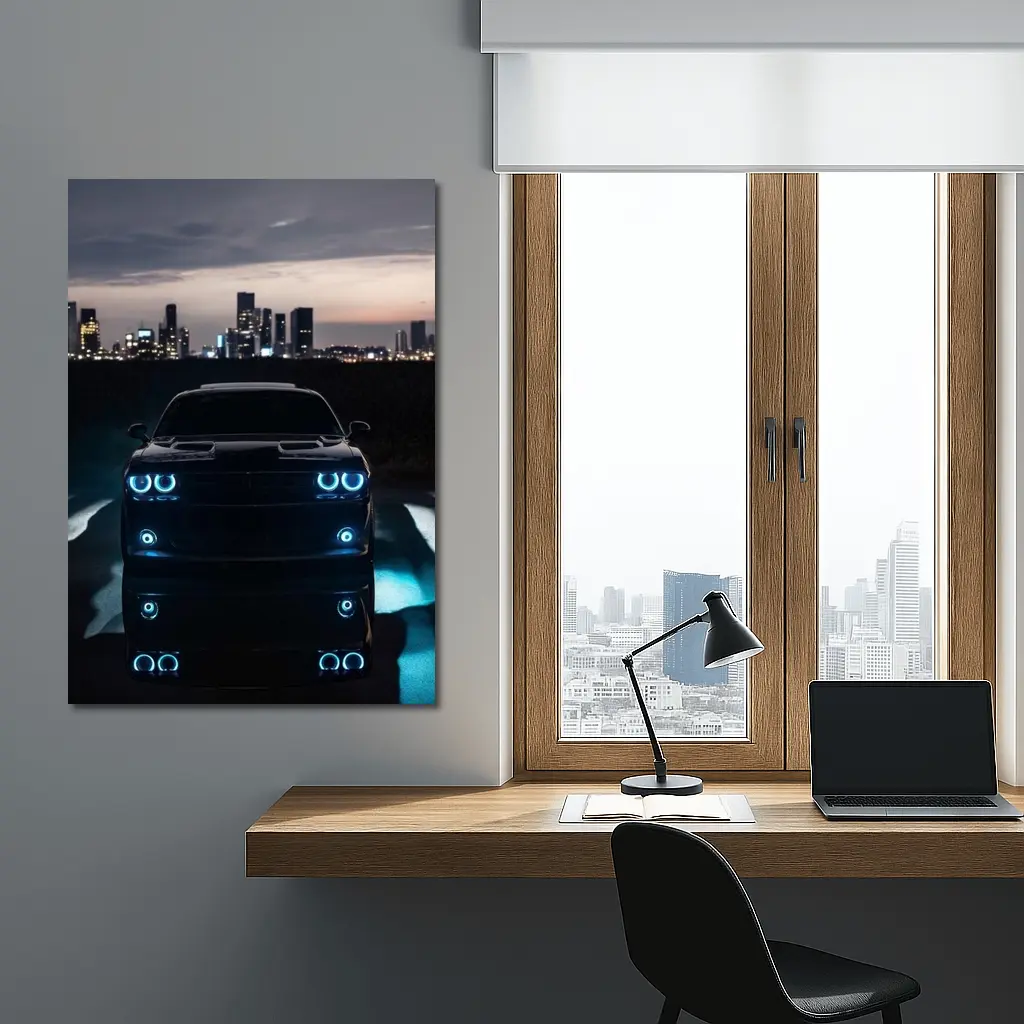 Dodge Challenger Glowing Lights Night City – Wall Art