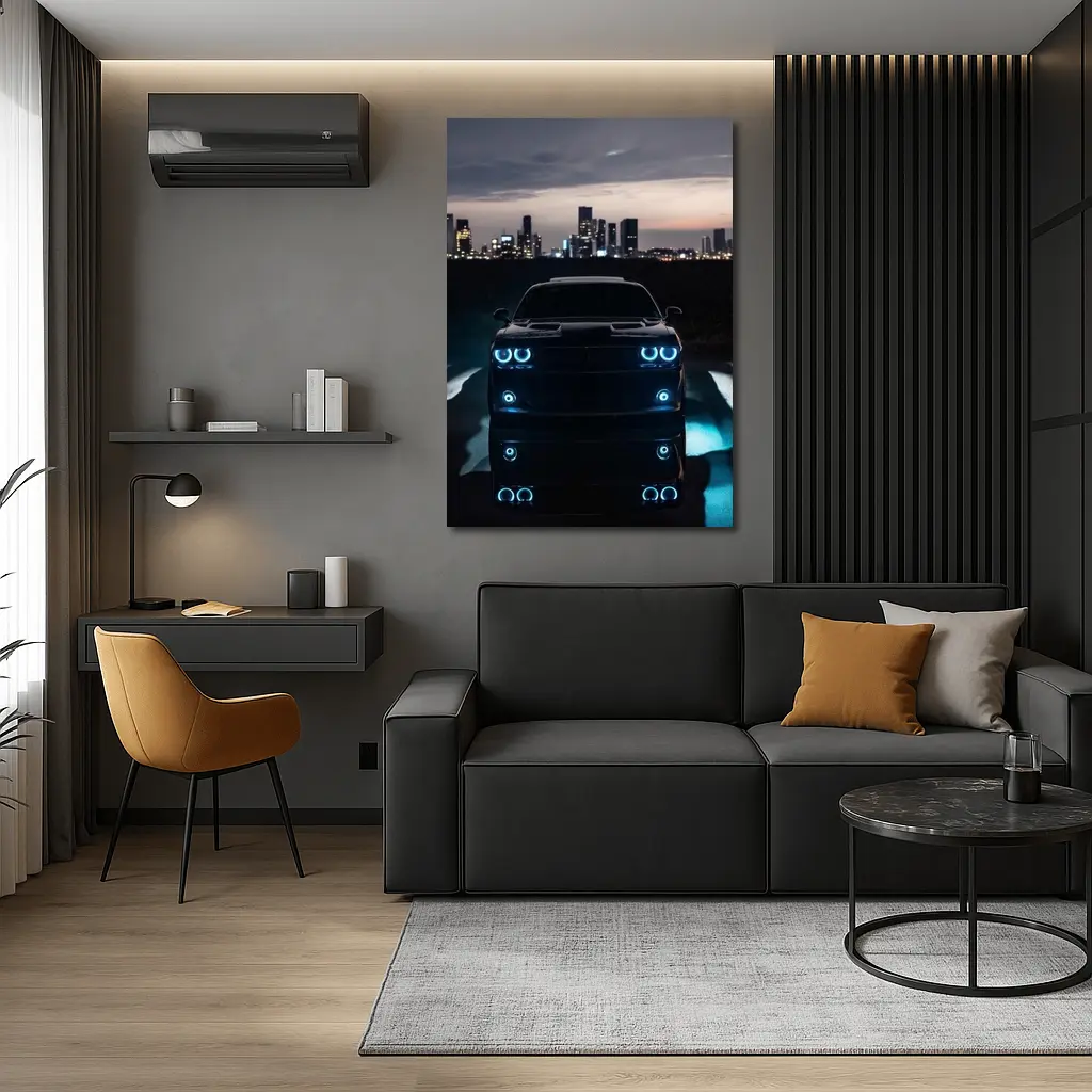 Dodge Challenger Glowing Lights Night City – Wall Art