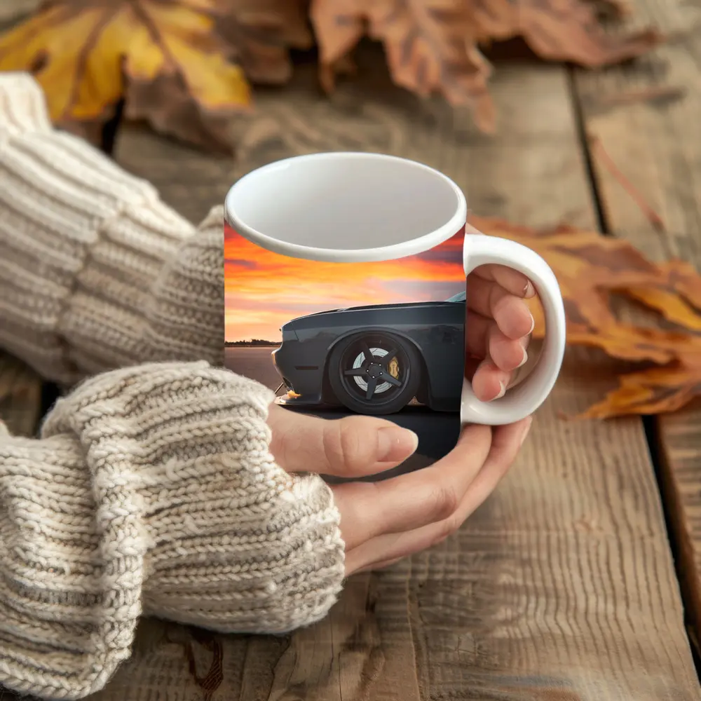 Dodge Challenger Slammed at Fiery Sunset – Mugs