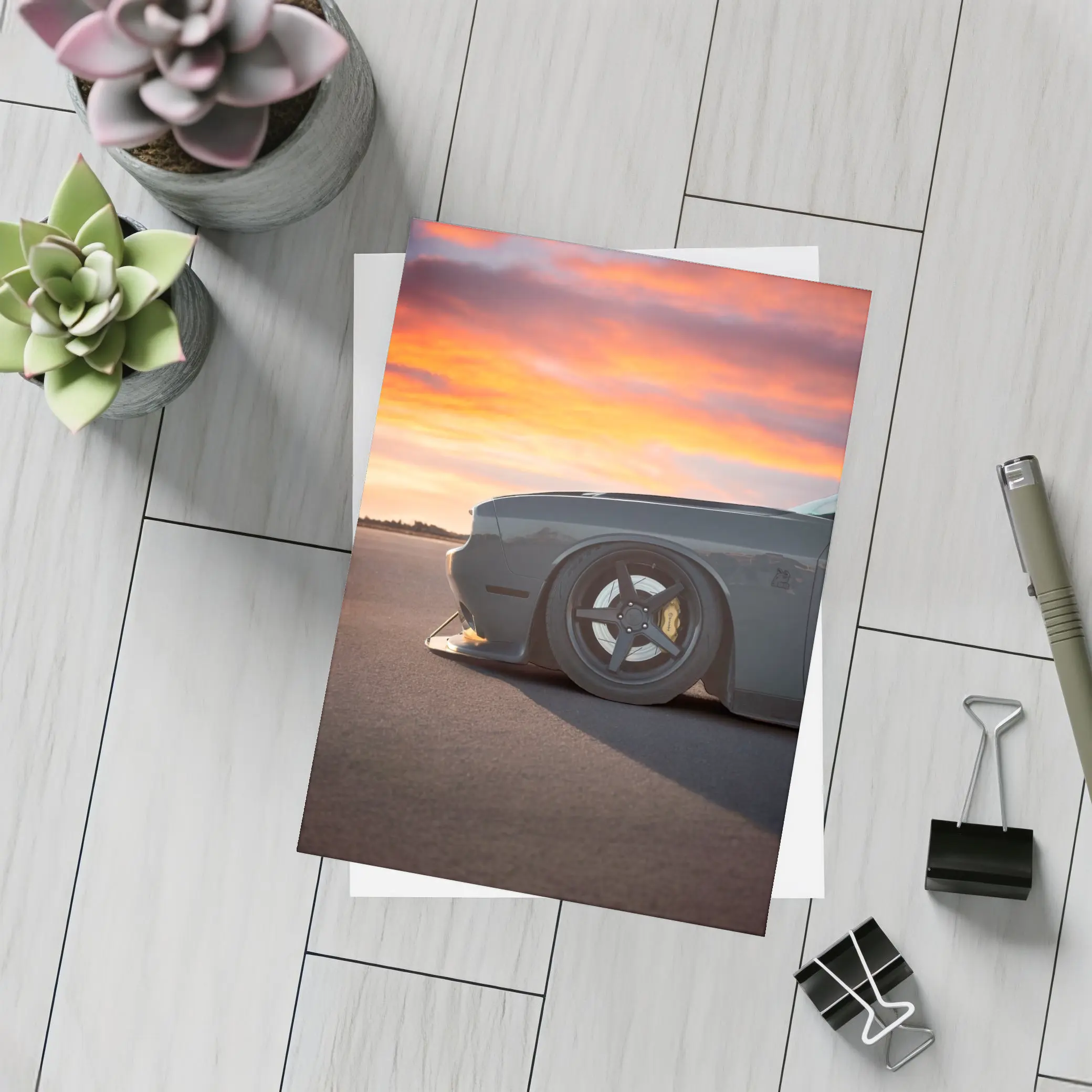 Dodge Challenger Slammed at Fiery Sunset – Postcards