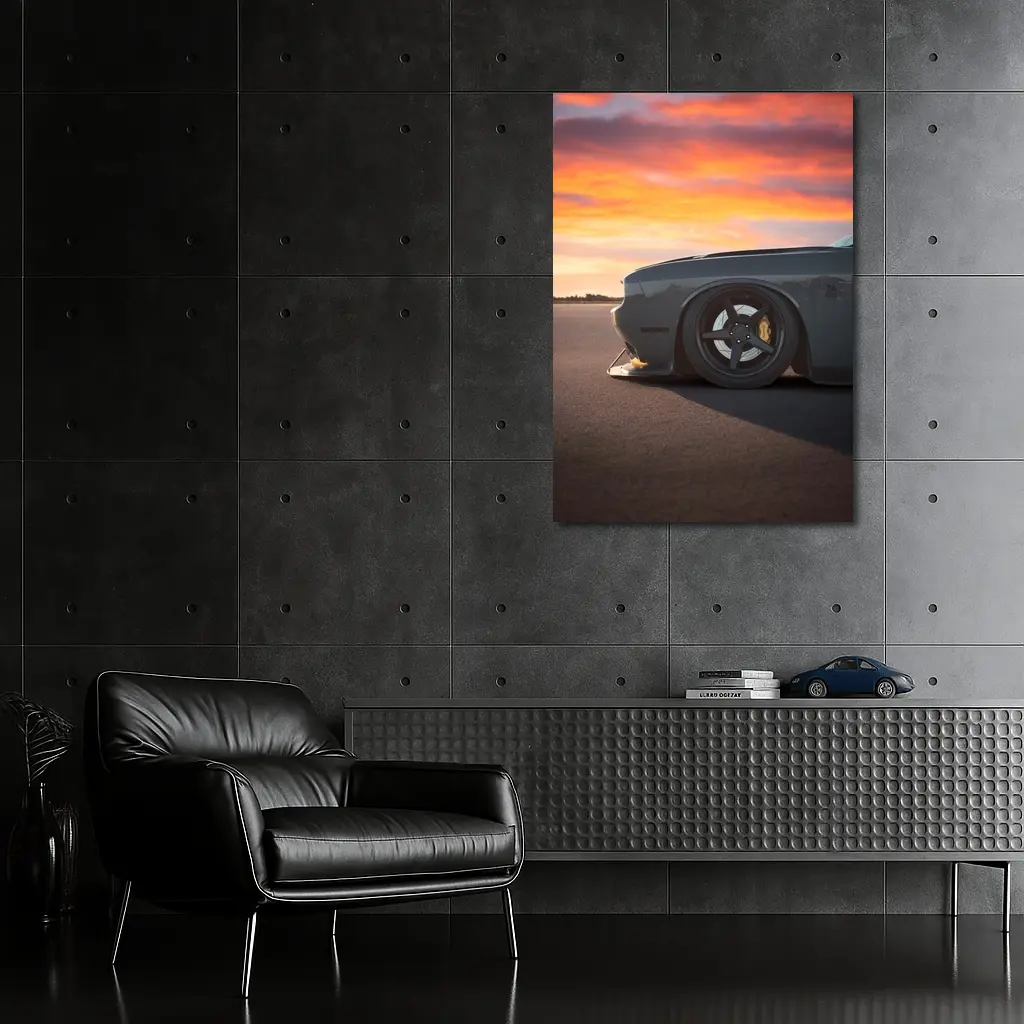 Dodge Challenger Slammed at Fiery Sunset – Wall Art